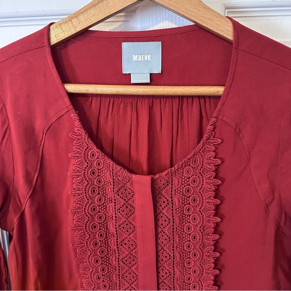 Maeve Anthropologie Rust Lace Trim Blouse Size 4 Boho Button Front Rayon Top - Picture 2 of 5